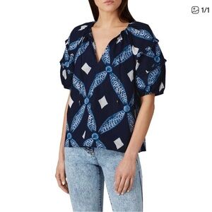 Ulla Johnson Arusi Top Size 4 Navy Blue Patterned Women's Top